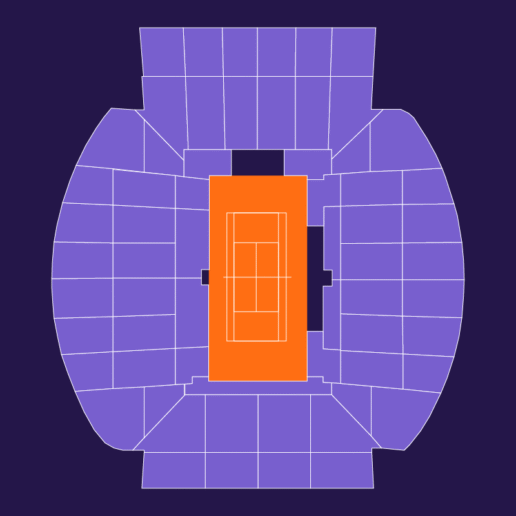 Court Suzanne Lenglen seating map showing every block in light purple (#3d2a66) on a dark-purple (#241649) background, with no specific category highlighted.