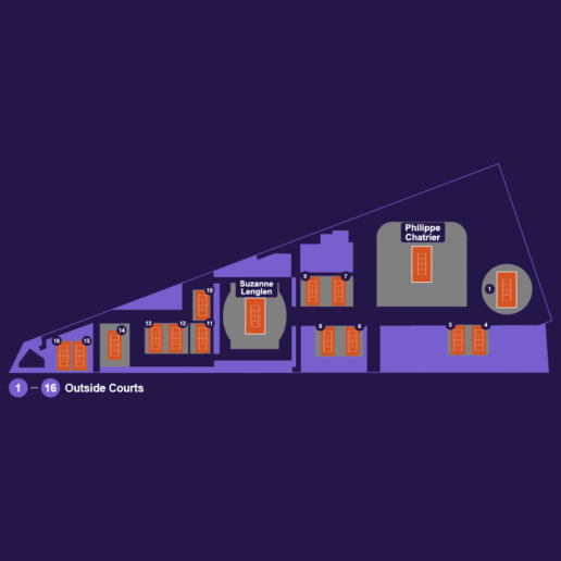 Map of Roland Garros grounds showing all Outside Courts in light purple (#3d2a66) on a dark-purple (#241649) background, with no particular blocks highlighted.