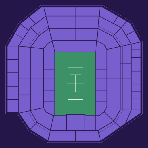 Wimbledon Center Court seating plan showing all spectator blocks in light purple on a dark-purple background, with no specific seats highlighted.