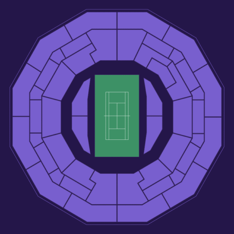 Wimbledon Court No. 1 seating plan showing all spectator blocks in light purple on a dark-purple background, with no specific seats highlighted.
