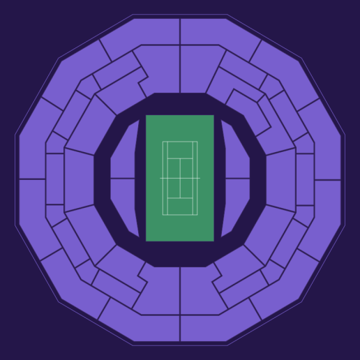 Wimbledon Court No. 1 seating plan showing all spectator blocks in light purple on a dark-purple background, with no specific seats highlighted.