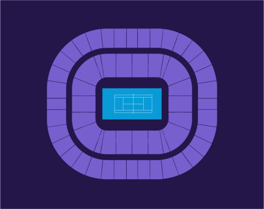 Rod Laver Arena seating map showing every block in light purple (#3d2a66) on a dark-purple (#241649) background, with no specific sections highlighted.