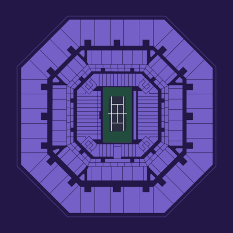 US Open stadium seating plan showing all spectator blocks in light purple (#3d2a66) on a dark-purple (#241649) background, with no zones highlighted.
