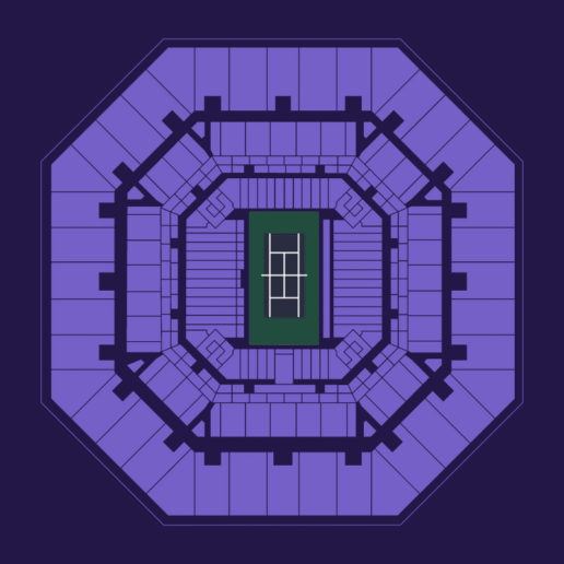 US Open stadium seating plan showing all spectator blocks in light purple (#3d2a66) on a dark-purple (#241649) background, with no zones highlighted.