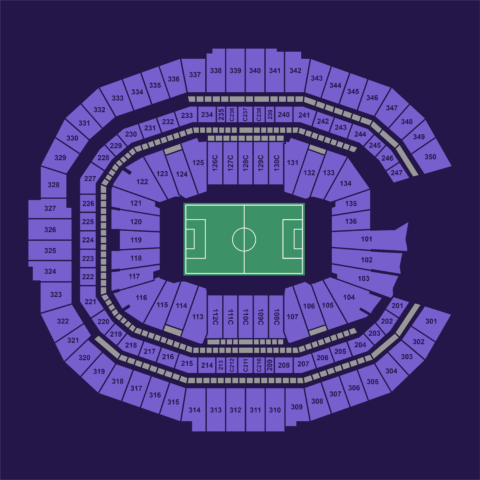 Atlanta Mercedes-Benz Stadium seat map for the FIFA World Cup 2026 showing all sections for Matches 14, 25, 38, 50, 72, 80, 95 and 102.