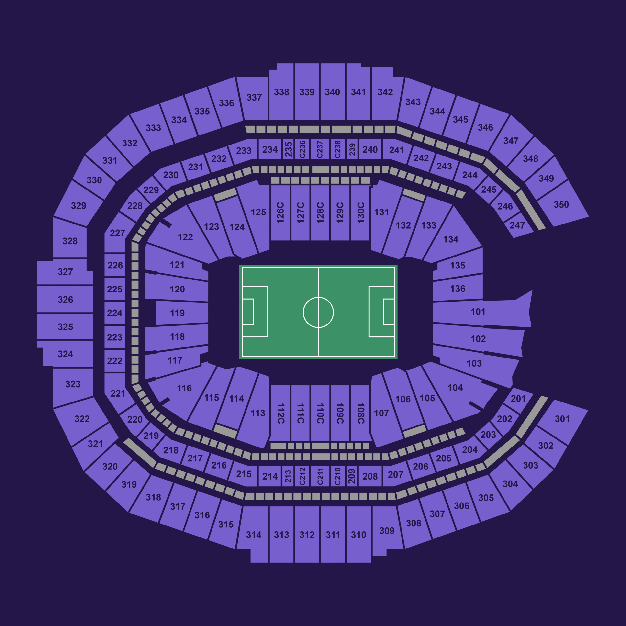 Atlanta Mercedes-Benz Stadium seat map for the FIFA World Cup 2026 showing all sections for Matches 14, 25, 38, 50, 72, 80, 95 and 102.
