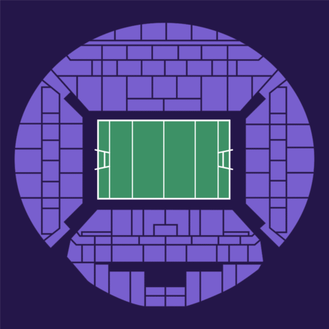 Complete seating layout of Stade Vélodrome showing all stands in purple around a green football pitch.