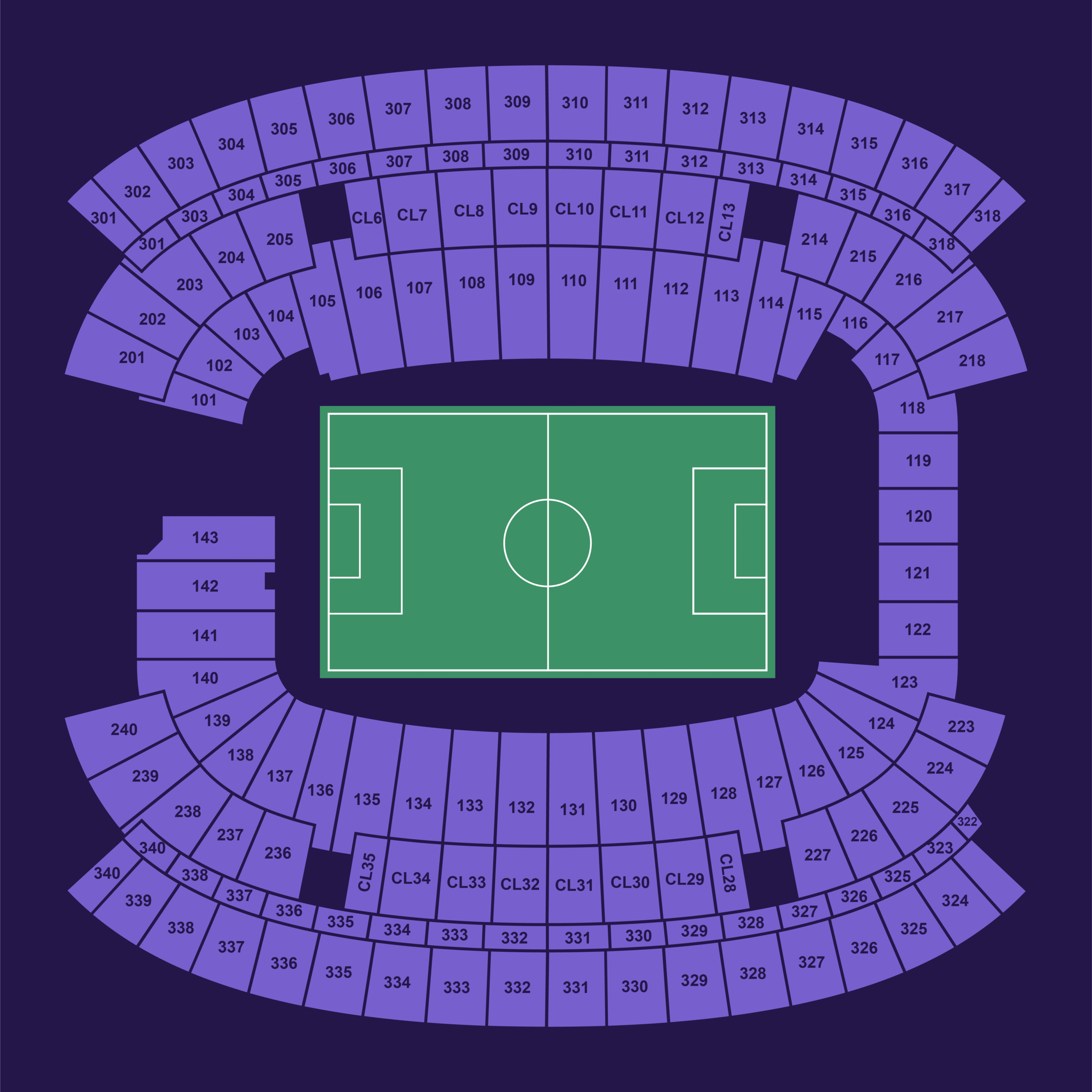 Boston Gillette Stadium full seating map for the FIFA World Cup 2026 showing all sections across lower, club and upper levels.