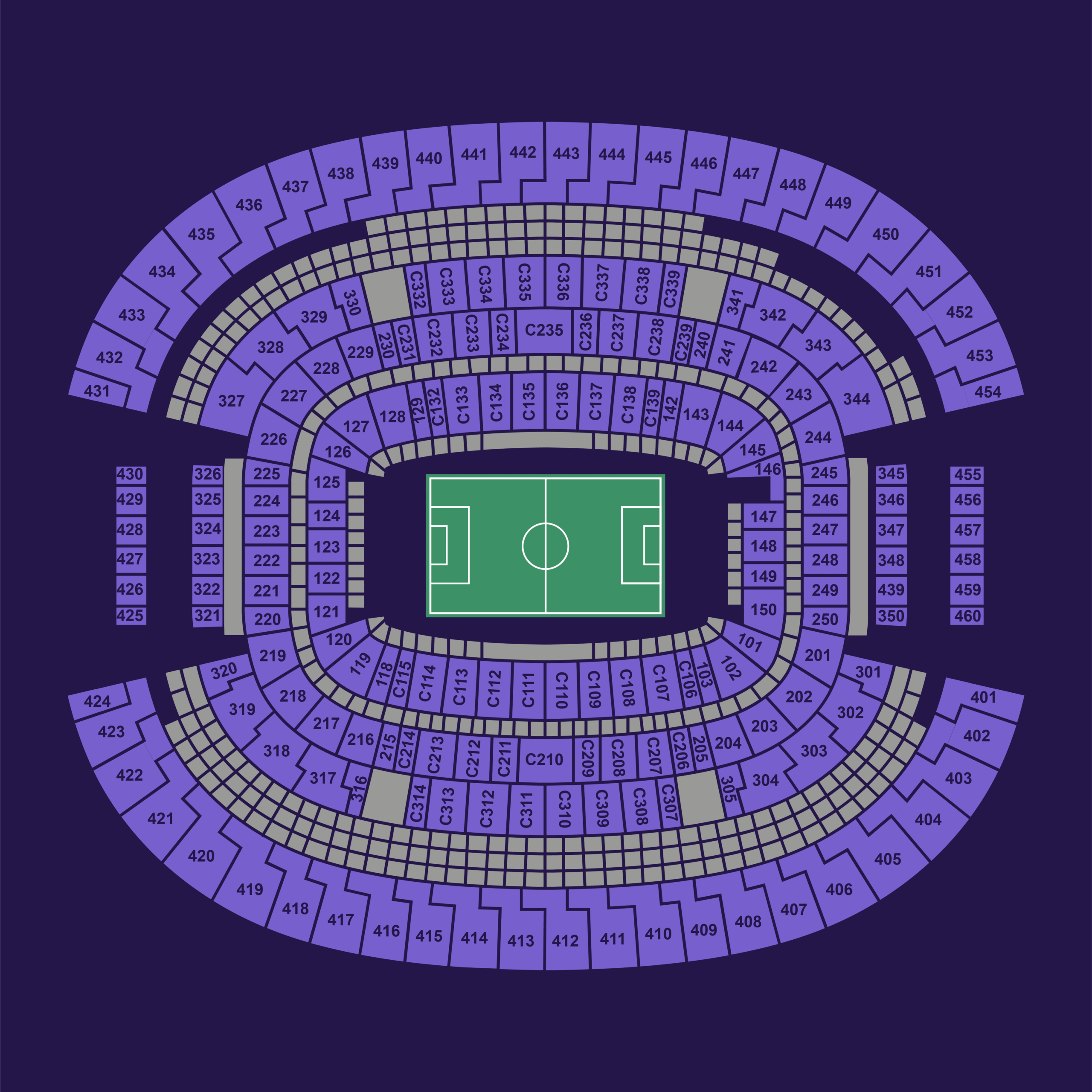 Dallas AT&T Stadium full seating map for the FIFA World Cup 2026 showing all lower, club and upper sections.