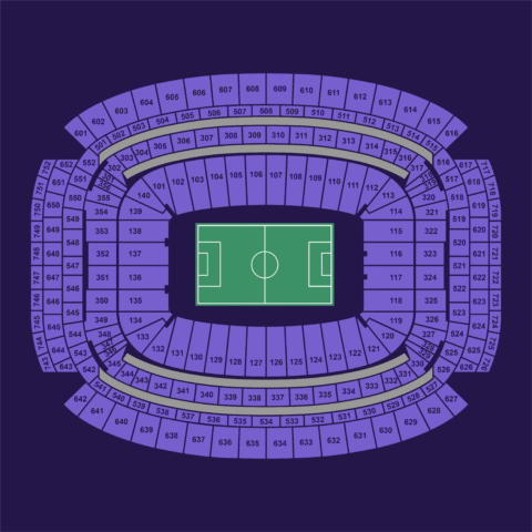 Houston NRG Stadium full seating map for the FIFA World Cup 2026 showing all lower, club and upper sections.