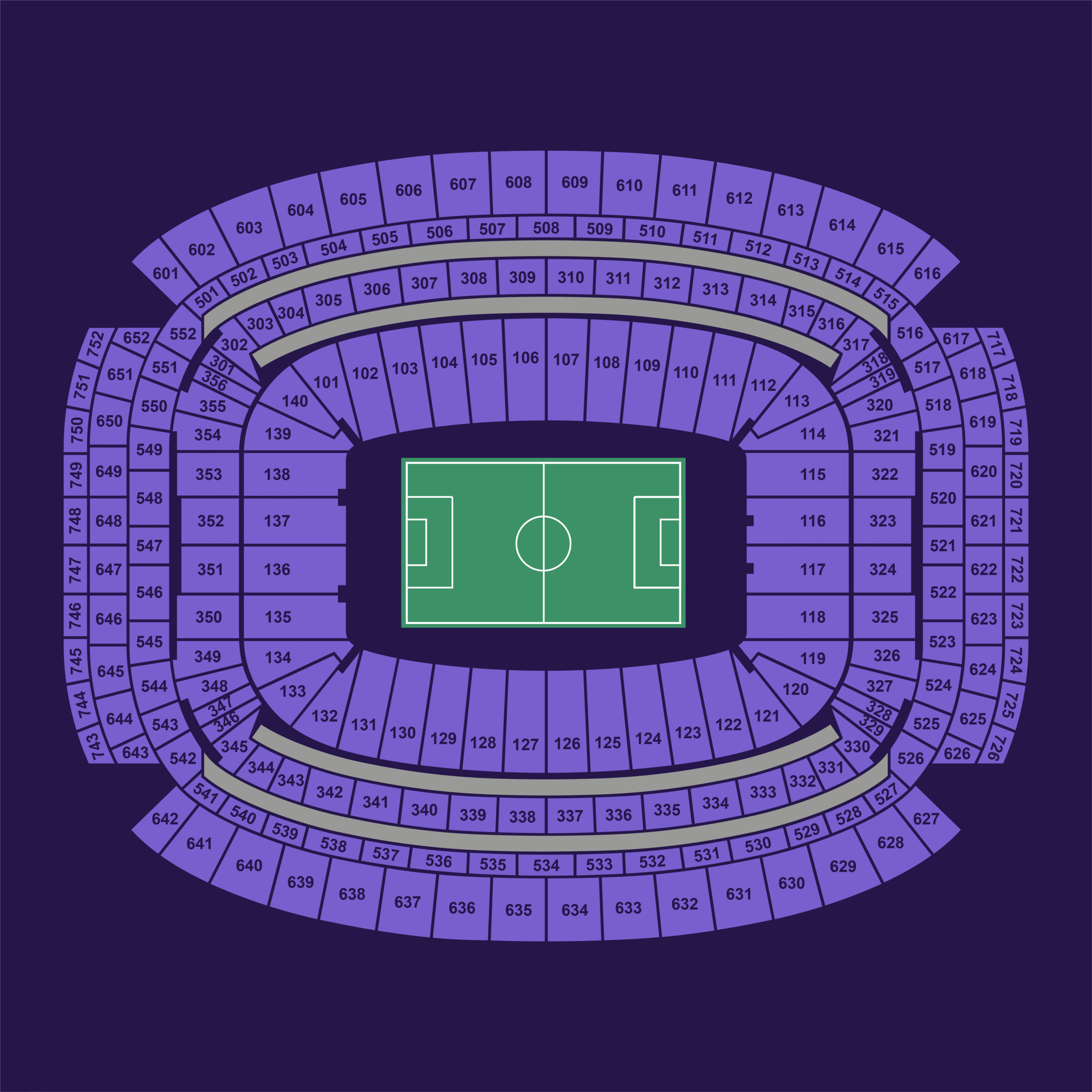 Houston NRG Stadium full seating map for the FIFA World Cup 2026 showing all lower, club and upper sections.