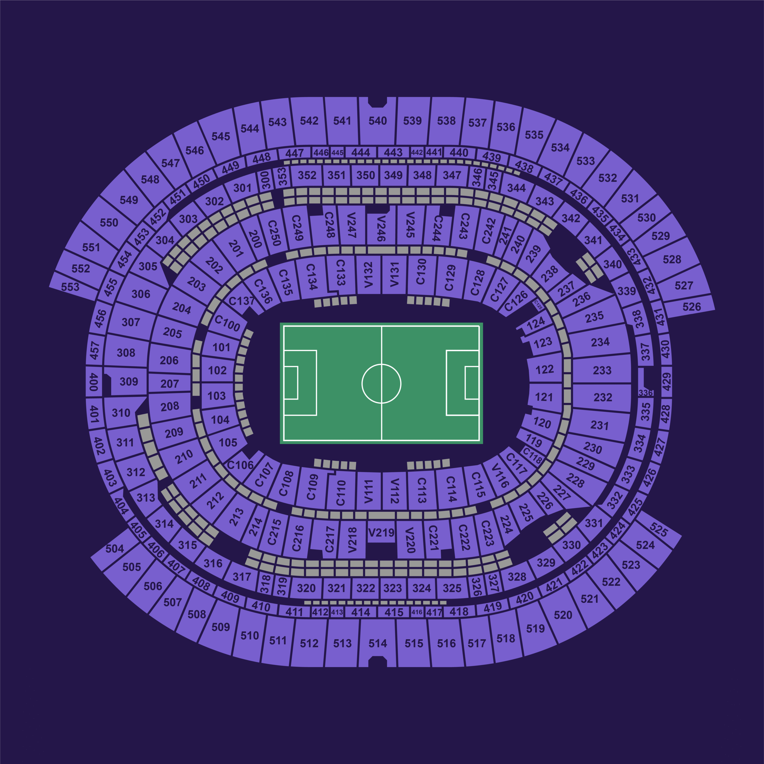 Los Angeles SoFi Stadium full seating map for the FIFA World Cup 2026 showing all lower, mid, club, and upper levels.