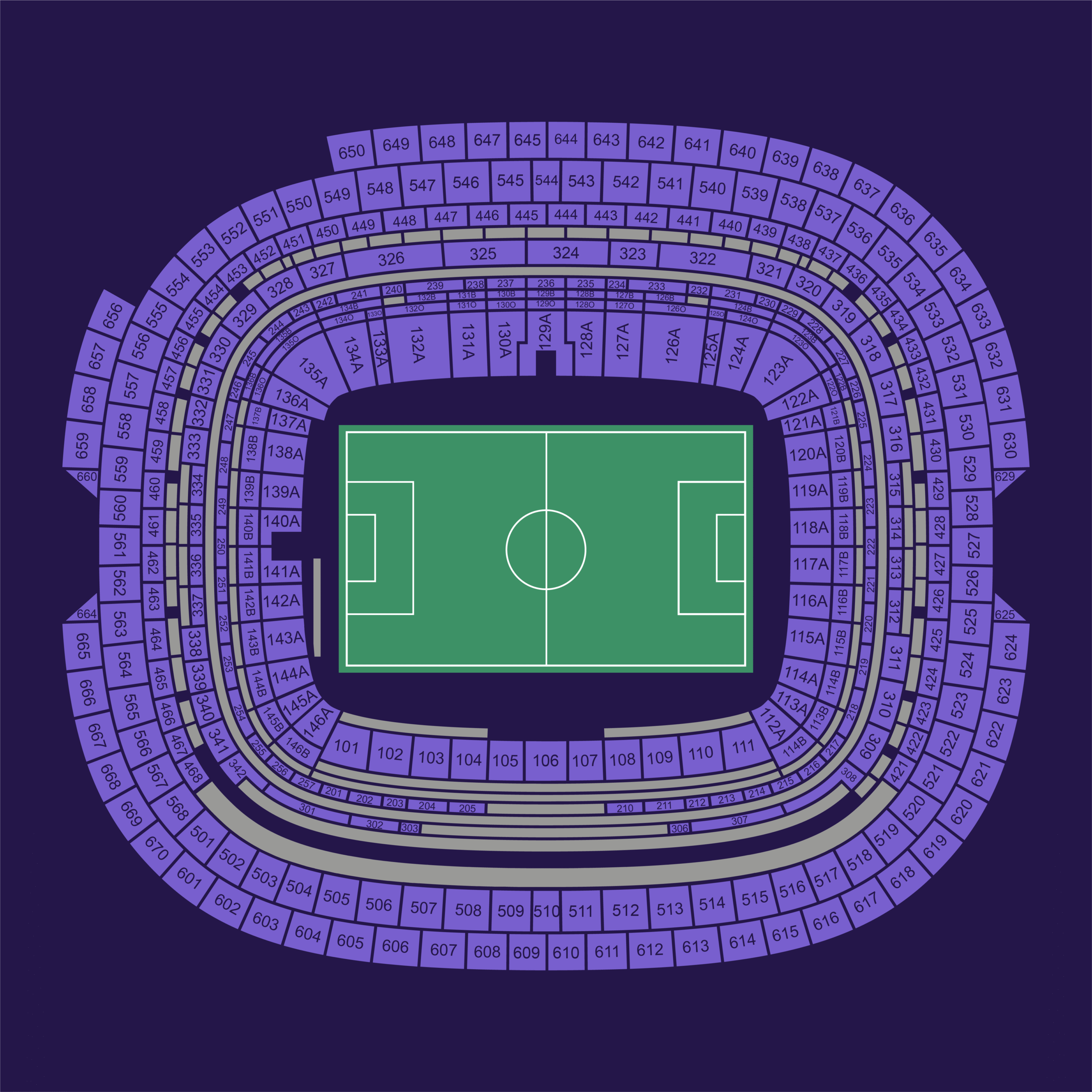 Estadio Azteca full stadium seating chart showing all sections across lower, middle, and upper tiers for FIFA World Cup matches.