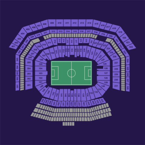 Levi’s Stadium full seating chart showing all lower bowl, club level, and upper deck sections for FIFA World Cup 2026 matches.