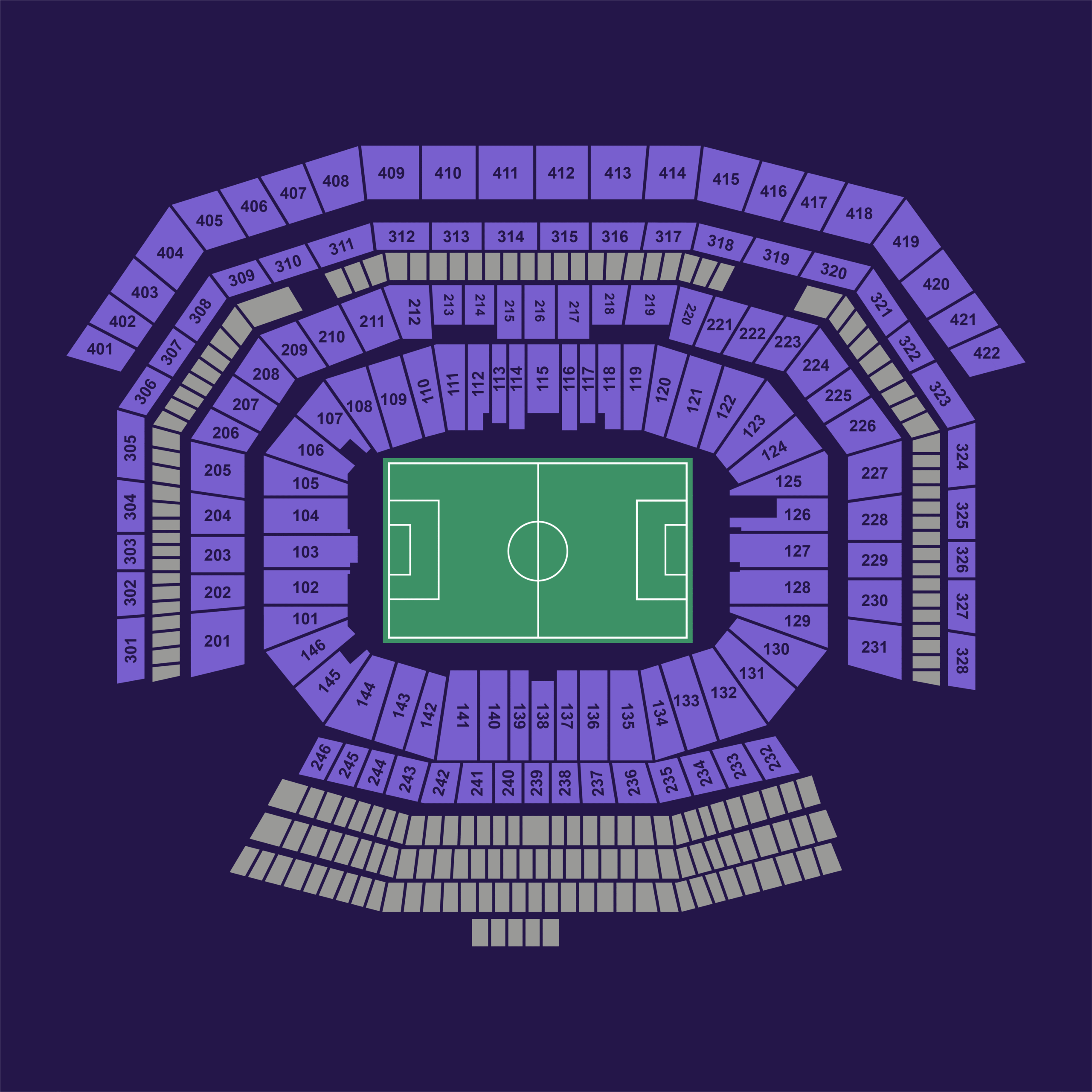 Levi’s Stadium full seating chart showing all lower bowl, club level, and upper deck sections for FIFA World Cup 2026 matches.