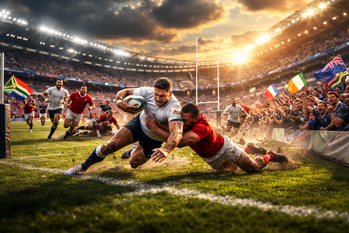 Rugby player diving for a try at a packed international stadium during Rugby World Cup 2027